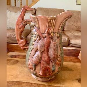 Vintage Majolica Greyhound Hunting Pottery Pitcher